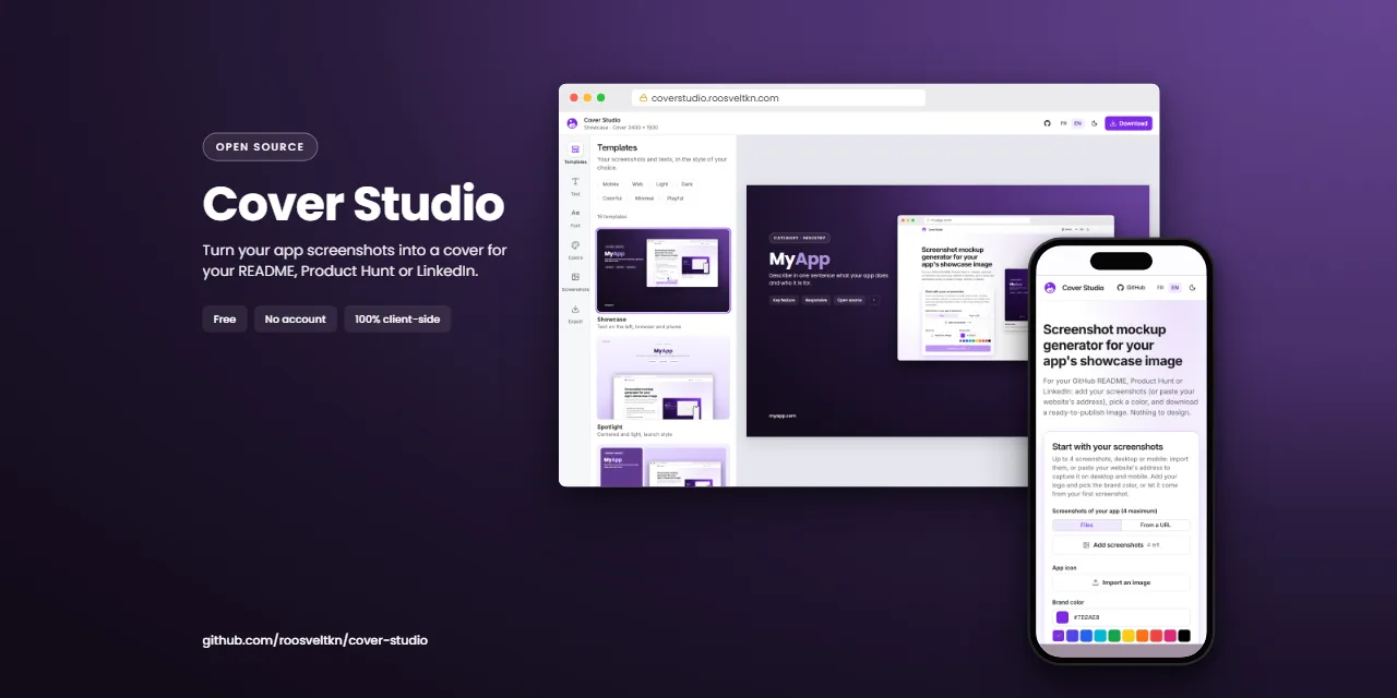 Social preview with the app name, a short description, three feature chips and a desktop screenshot in a browser frame